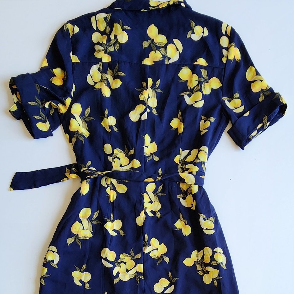 Banana Republic Spring Navy and Yellow Lemon Print Button Up Belted Shirt Dress
